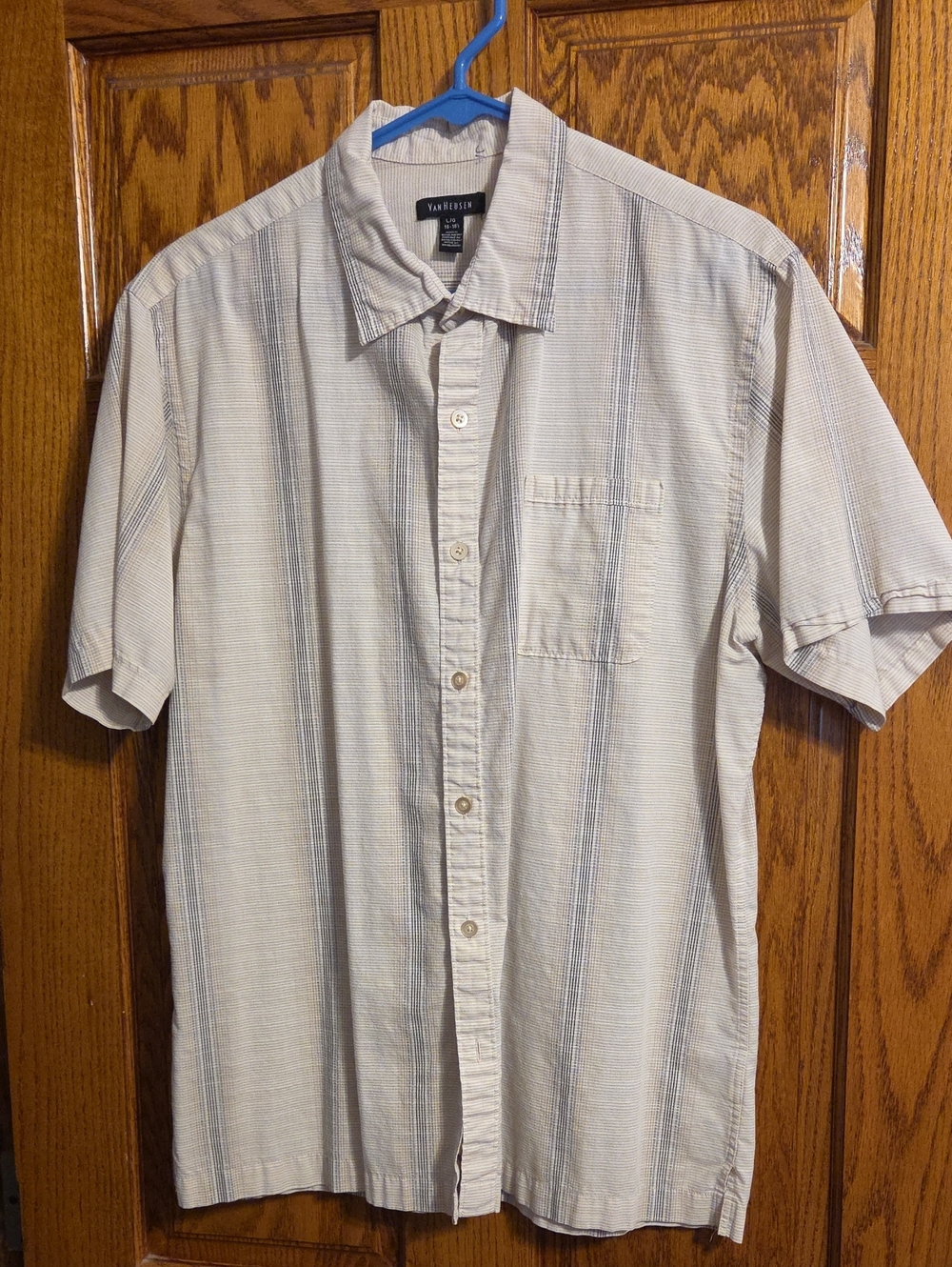 Van Heusen Light Beige Short-Sleeve Button-Down with Blue Pinstripes